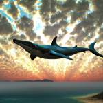 Imagine a majestic ancient Mosasaurus, floating effortlessly in the sky, its massive wings propelling it forward as it glides through the clouds. The sun shines brightly behind it, casting a warm glow over the scene.
